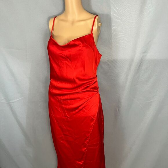 Isalis Sofia Silky Dress Ruby Red Satin Cowl Neck Midi Medium Flirty Romantic - Picture 3 of 11